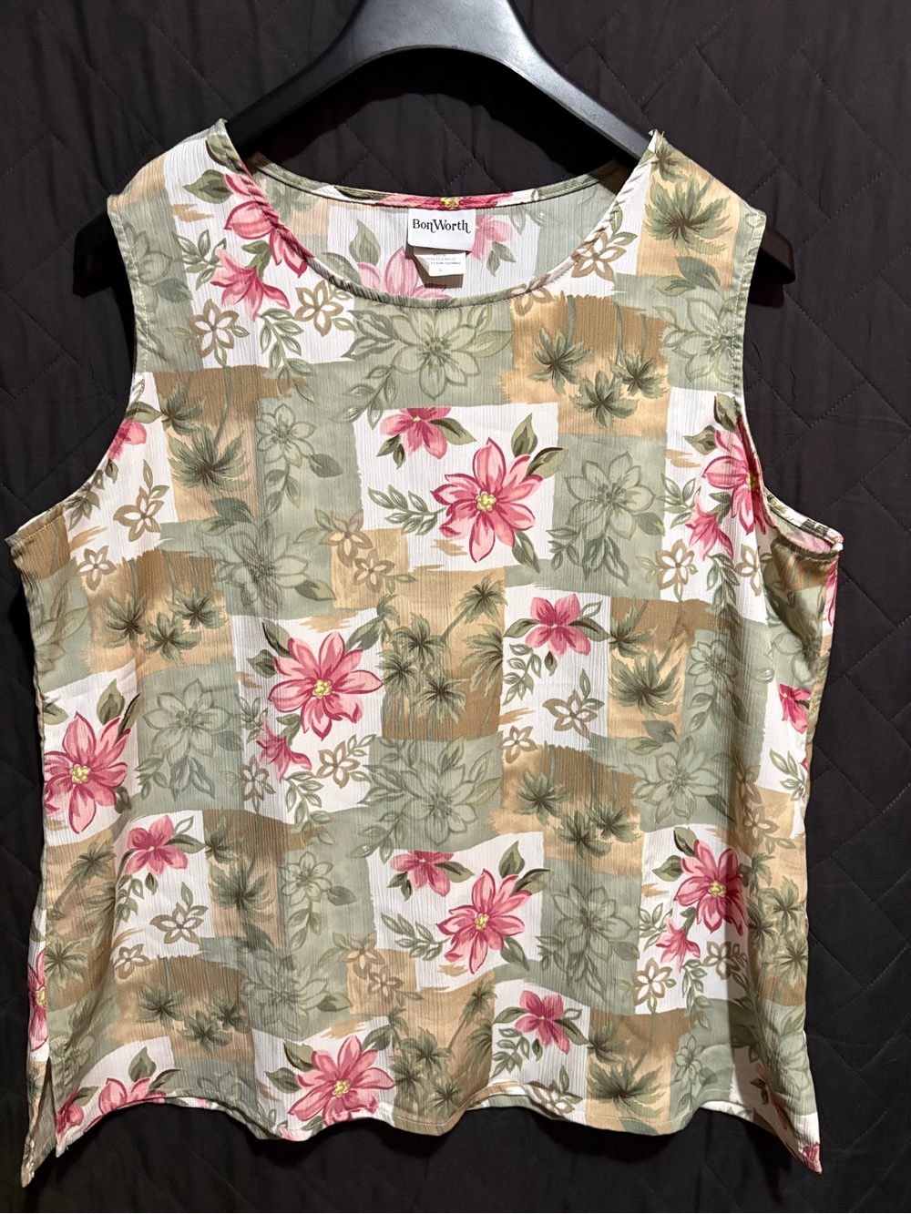 BonWorth Floral Patchwork Tank Top in Pink, Green & Tan p2p24 #2026